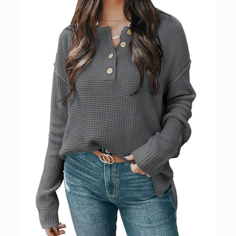 BUTTON-DOWN V-NECK LONG-SLEEVED PULLOVER SWEATER