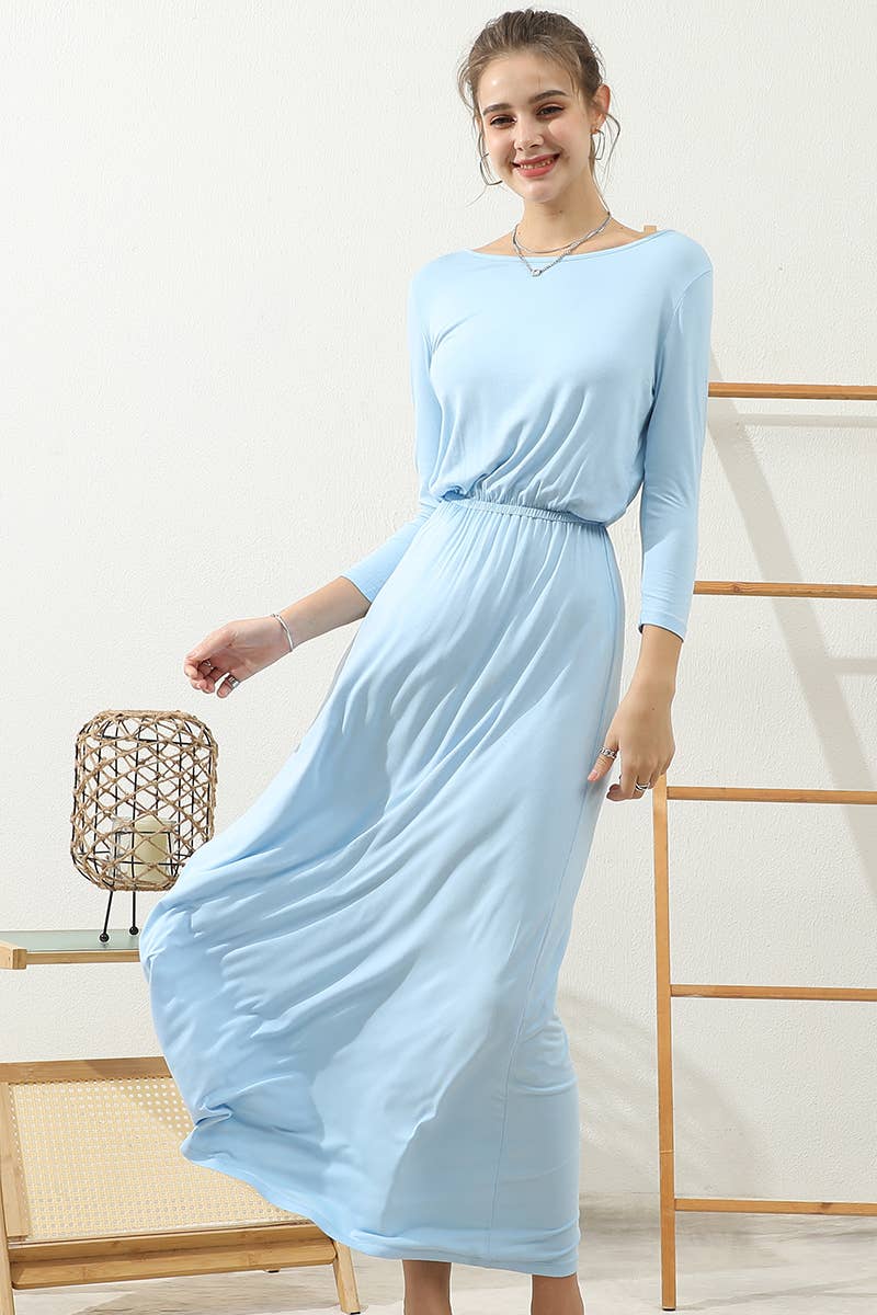 CWDMD797-P_PLUS SIZE ROUND NECK MAIX LONG SOLID DRESS