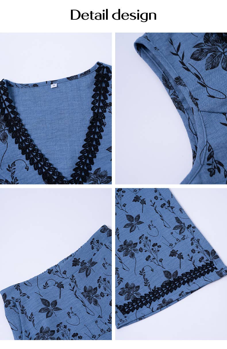 Bohemian Floral Lace Trim Vest & Pants Set