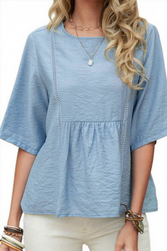 CWTBLS2330_LACE HOLLOW CASUAL SOLID COLOR MID-SLEEVE SHIRT
