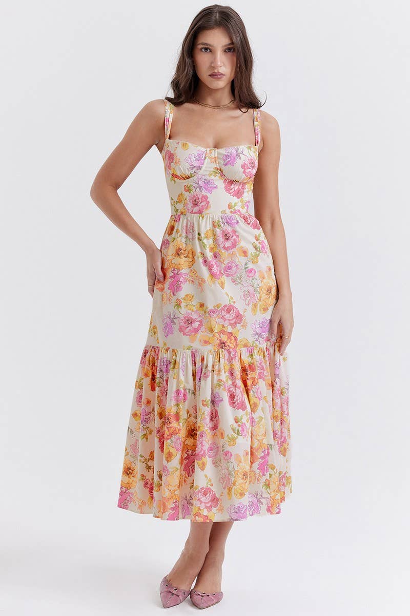 CWDMD5623_OFF-SHOULDER PLEATED LACE FLORAL DRESS