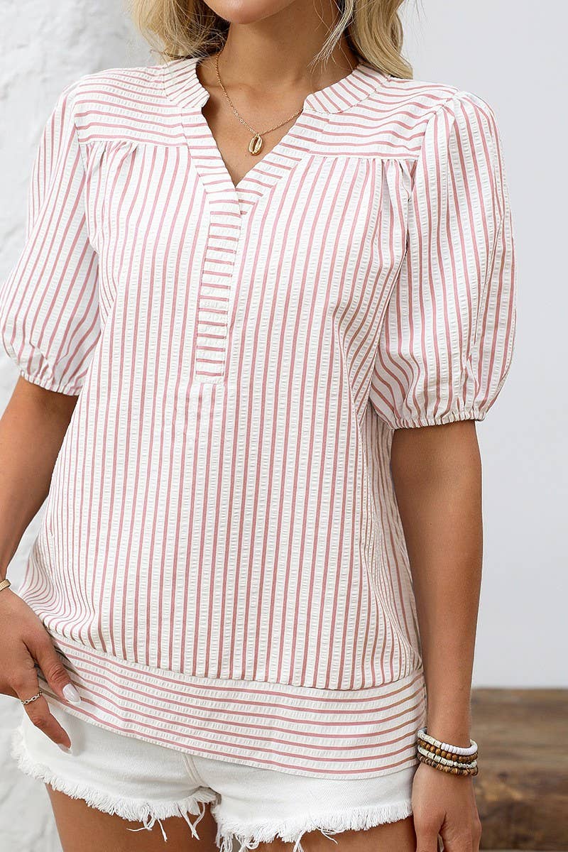 CWTBLS1814_SUMMER V-NECK PUFF SLEEVE STRIPED SHIRT