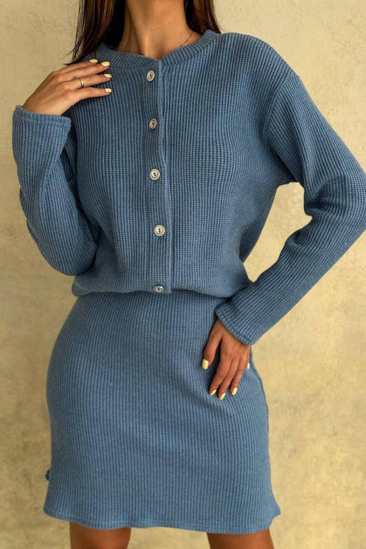 CWSS0799_BUTTON-UP LONG SLEEVE CARDIGAN SWEATER SKIRT SUIT