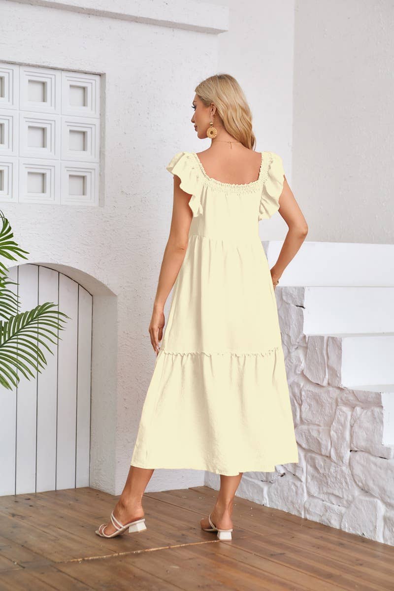 Fly-sleeve square neck off-the-shoulder dress