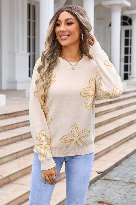 FLORAL LONG-SLEEVED CREW NECK PULLOVER SWEATER