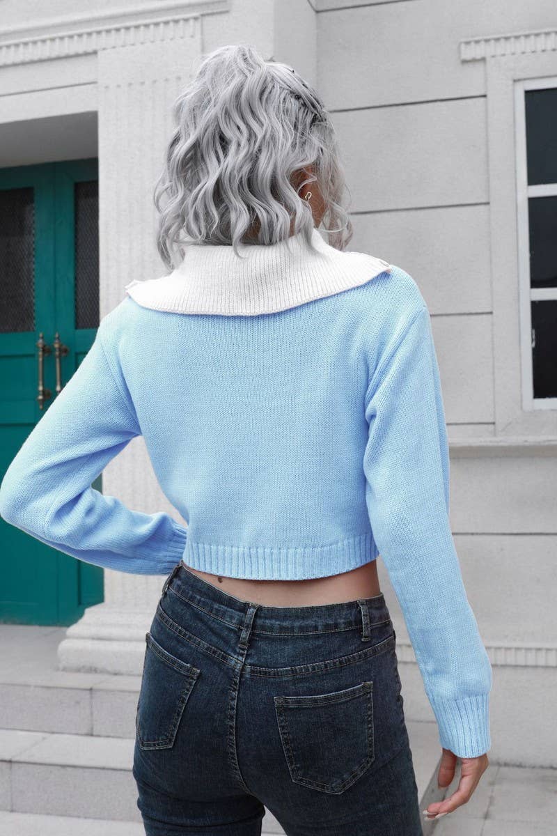 CWOSWL6858_ZIPPERED LAPEL COLORBLOCK CROPPED SWEATER