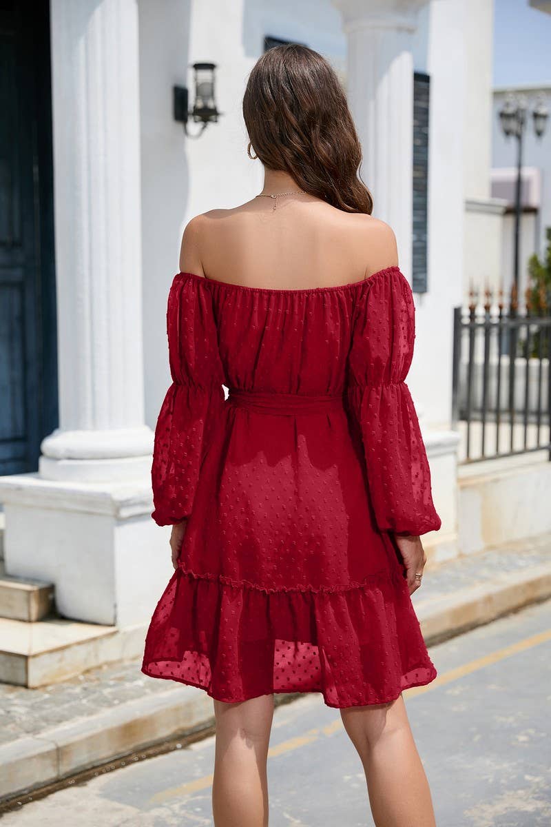 CWDSD8400_OFF SHOULDER POM POM CHIFFON BELTED DRESS