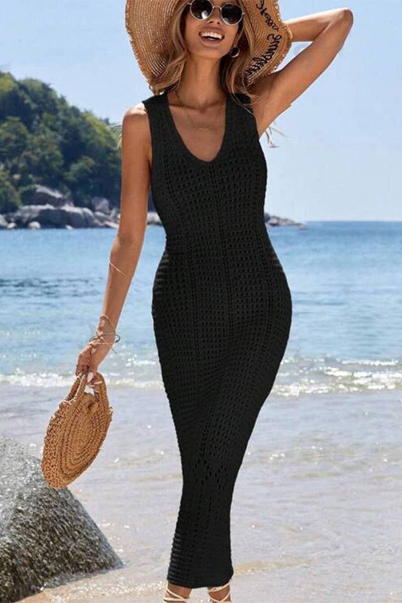 CWDHL0645_SOLID COLOR KNIT HOLLOW LONG VEST DRESS