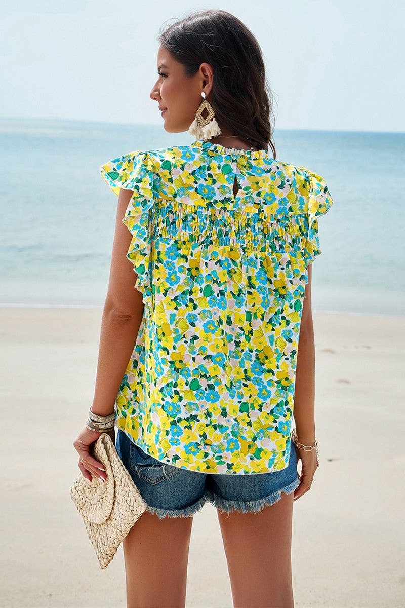 CWTBLSL0065_Round Neck Floral Ruffle Sleeveless Top