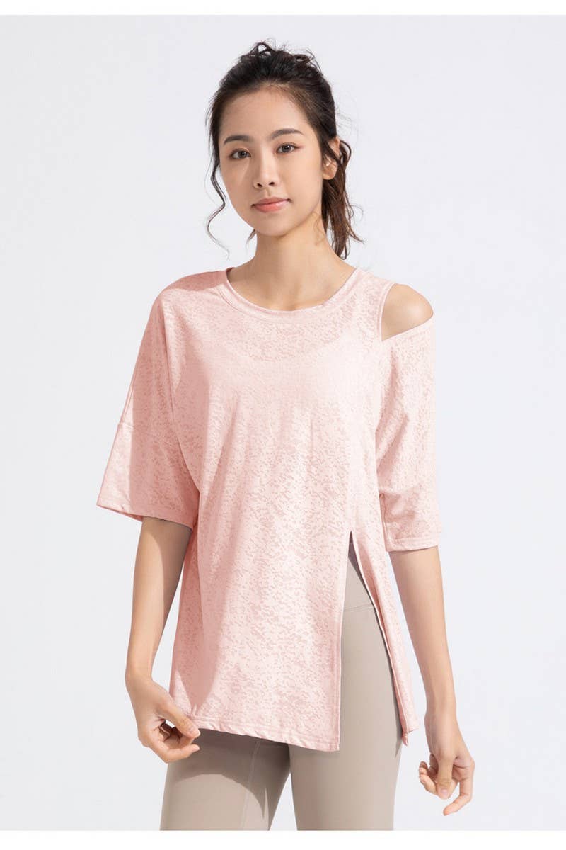 CWTBLS1470_JACQUARD CUTOUT SHORT SLEEVE RUNNING TOP