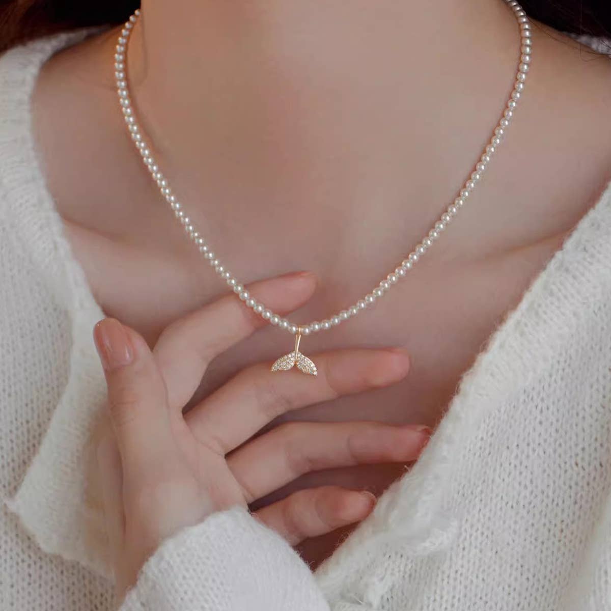 Broken silver beads pearl collarbone chain