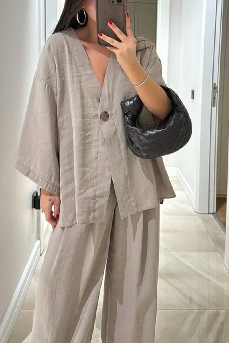 CWSS01311_V-NECK LOOSE TOP AND WIDE-LEG PANTS CASUAL SUIT