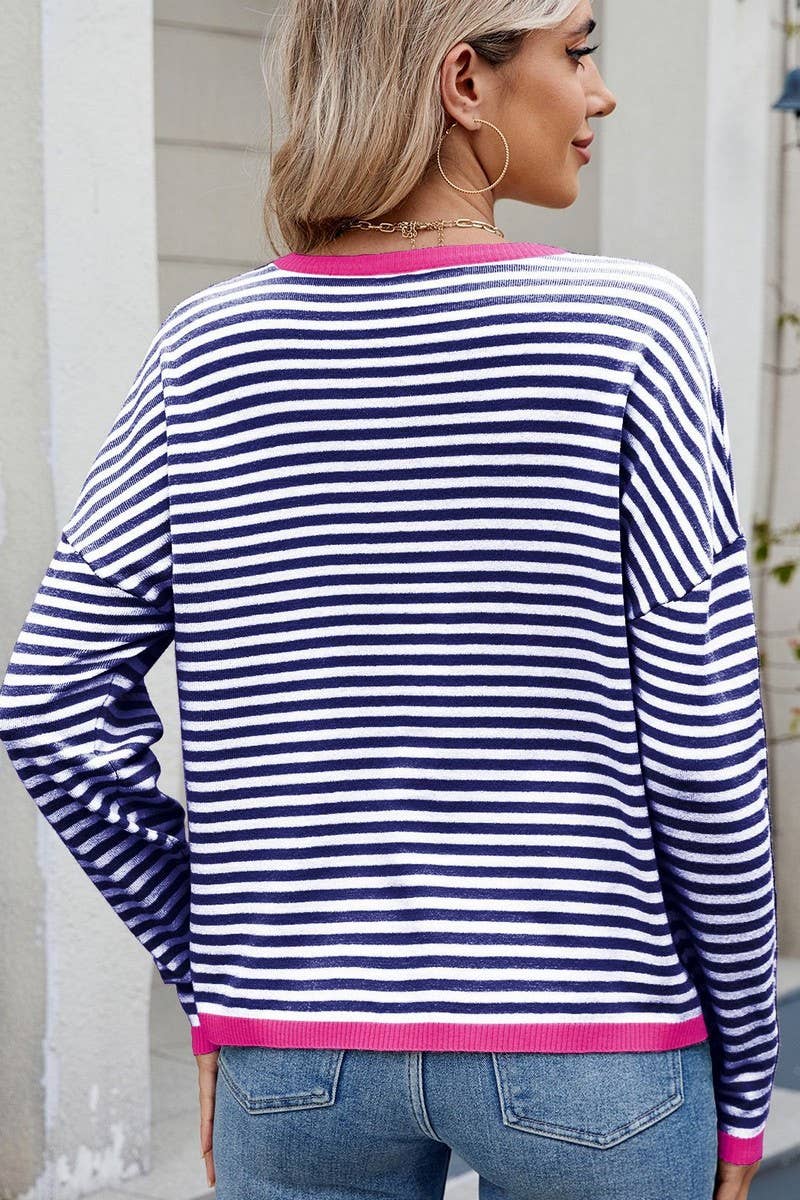 CWTBLL01204_COLORBLOCK TRIM STRIPE LOOSE KNIT PULLOVER