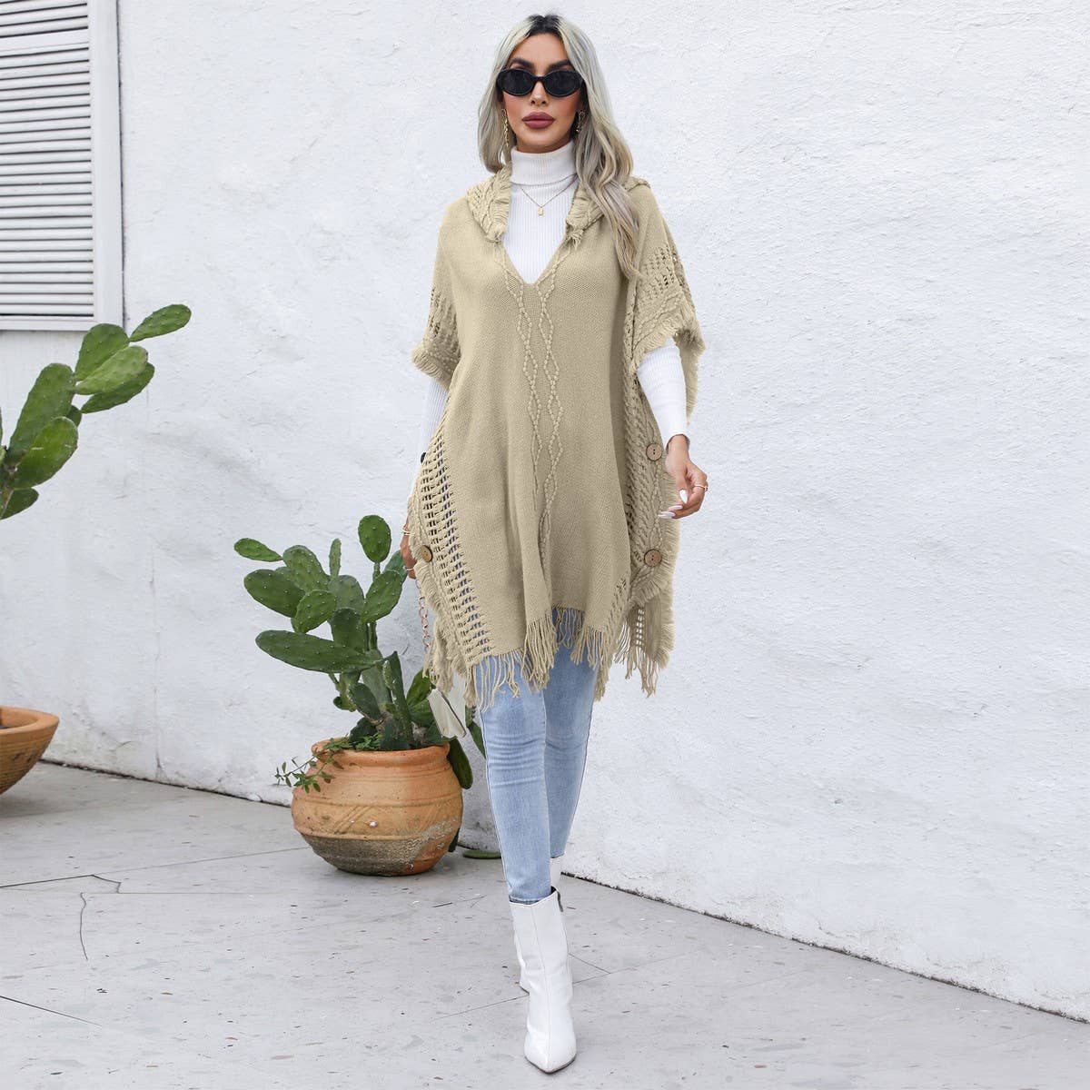 Casual loose V tie hat pullover cape coat