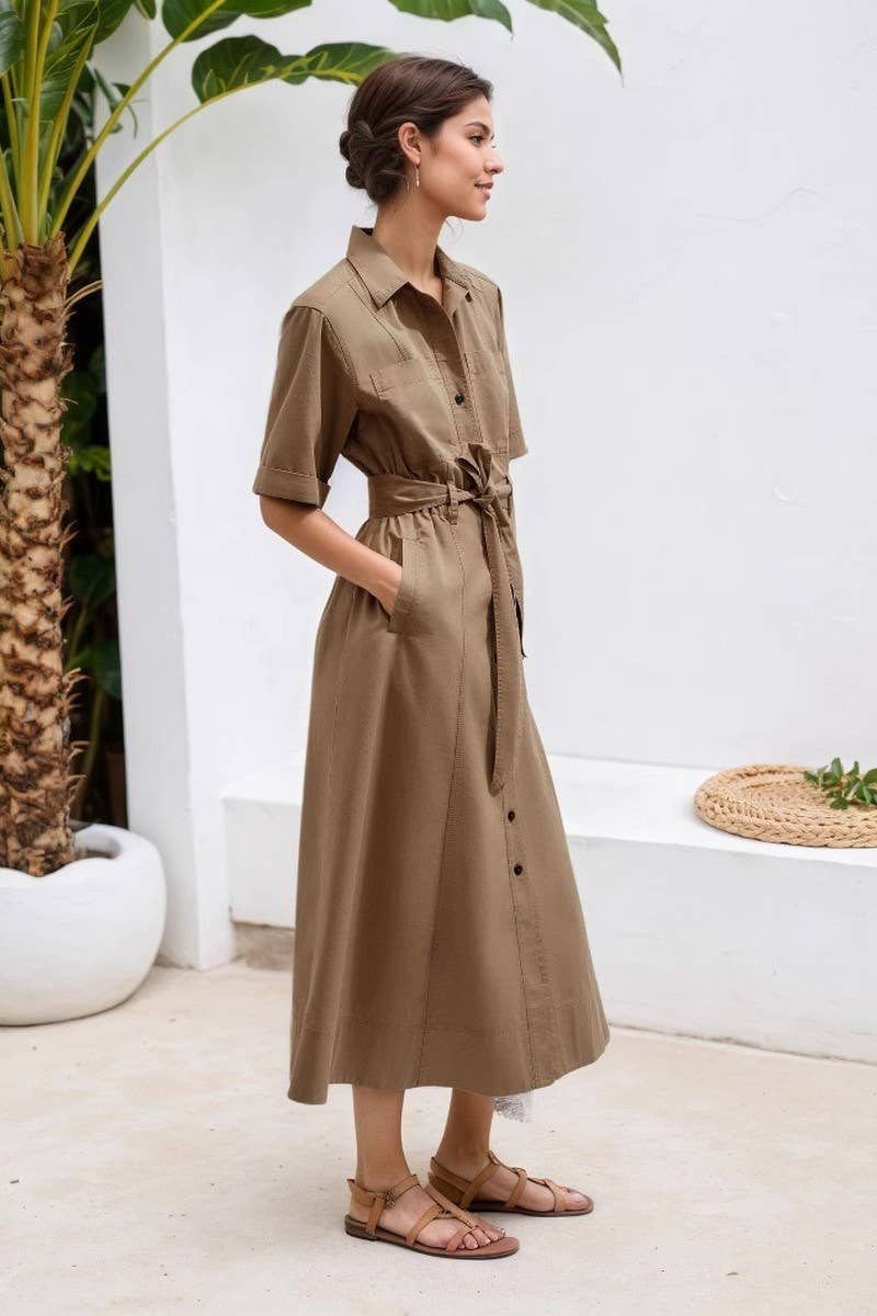 CWTDSS0074_LAPEL BELTED SINGLE BREASTED SHIRT DRESS