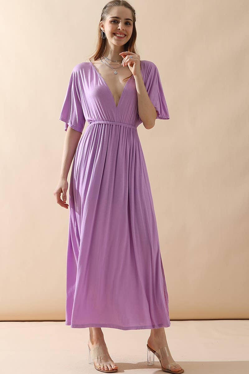 CWDMD825_V NECK BACK BOW TIE EMPIRE MAXI DRESS