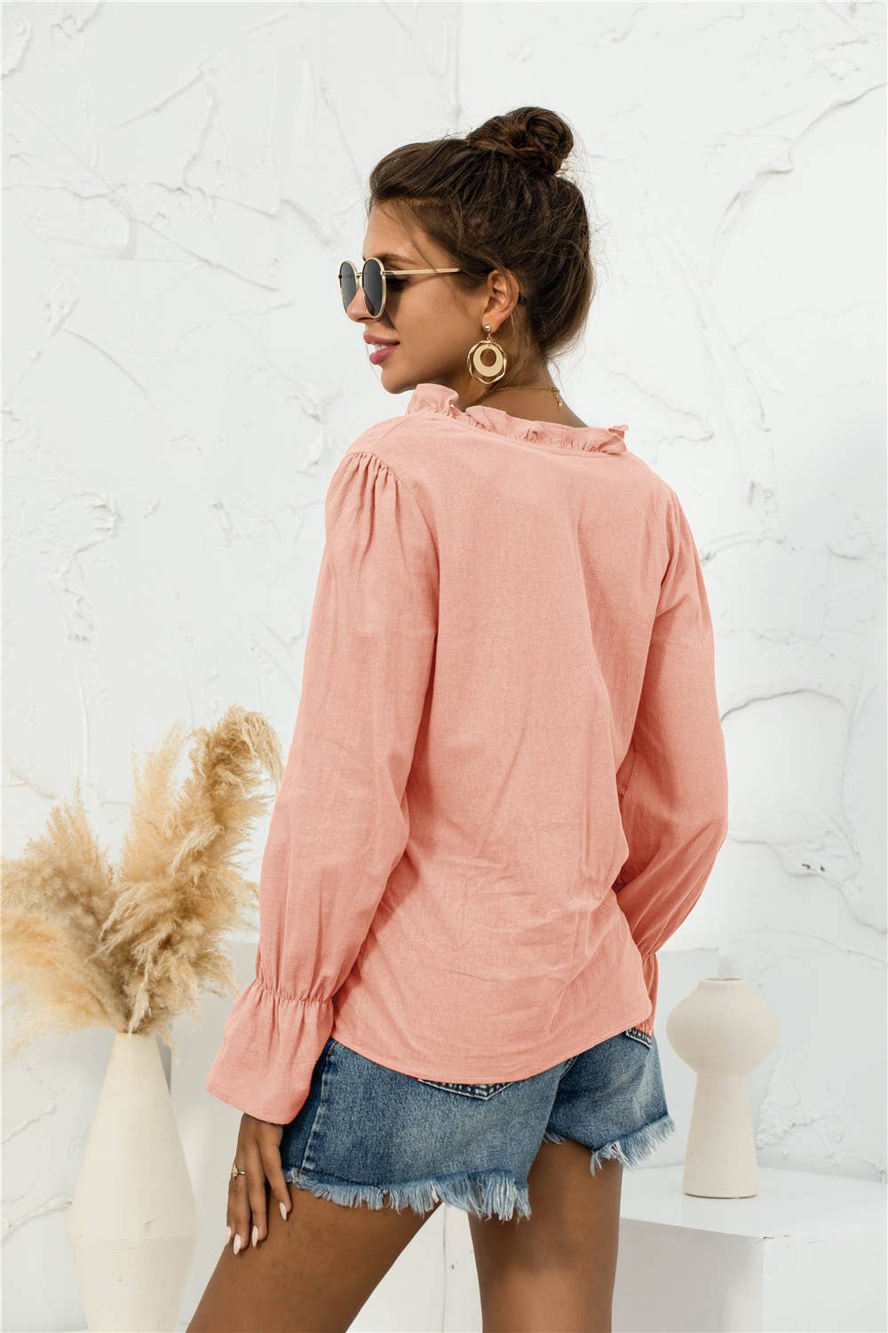 Casual V-neck ruffled button-down shirt