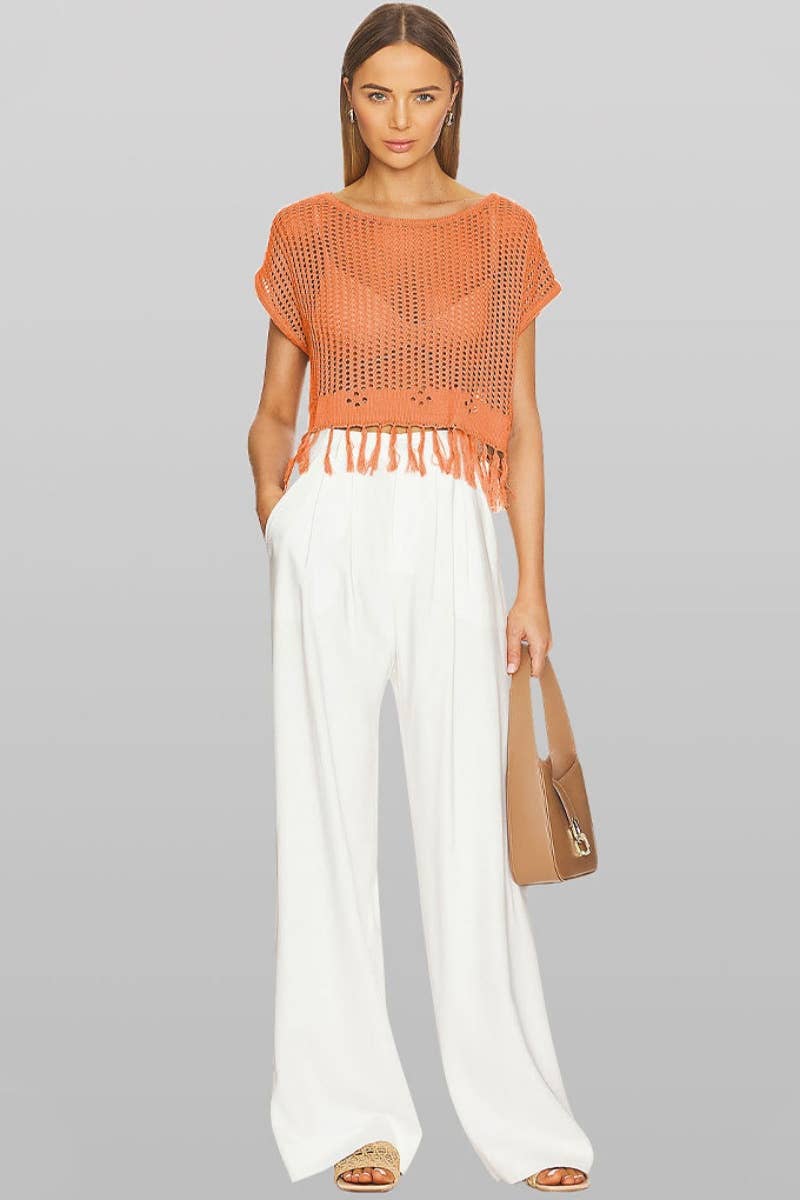 CWTBLS0743_KNITTED CREW NECK SHORT SLEEVE BEACH FRINGE TOP