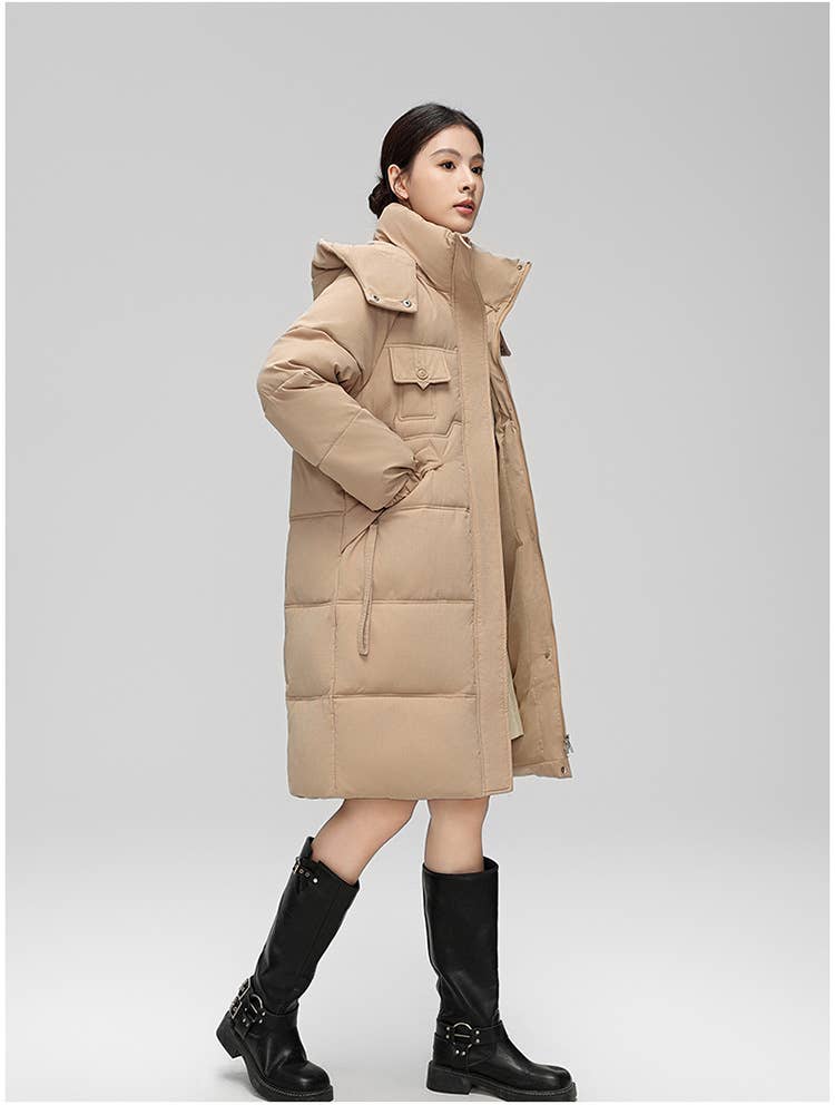 Fashionable knee-length thickened hooded jacket