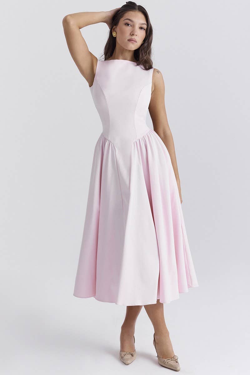 CWDMD6094_SOLID CREW NECK BACKLESS ELEGANT FASHION DRESS