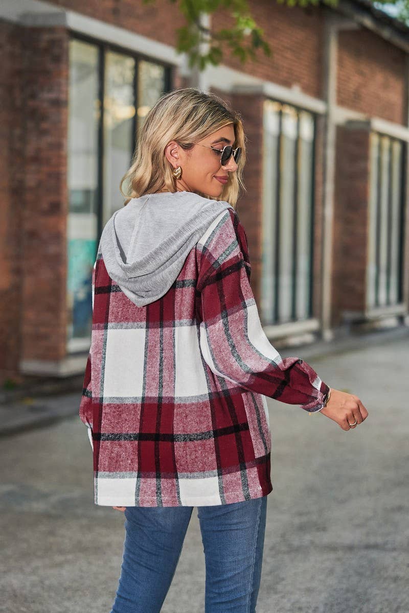 CWOCO1102_CASUAL LOOSE MID-LENGTH PLAID HOODED COAT