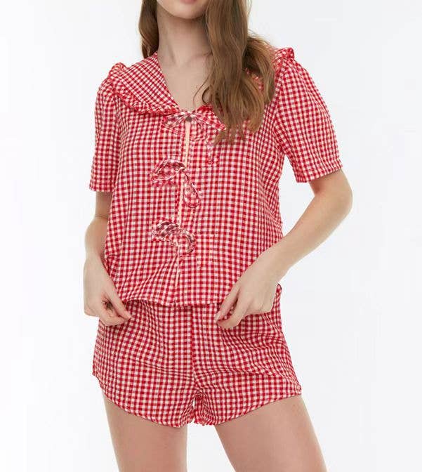 Checkered large collar tie short-sleeved set