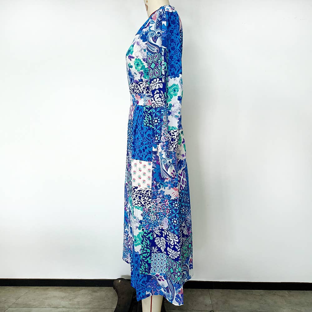 ABSTRACT PRINTED BELT A-LINE LONG-SLEEVED DRESS