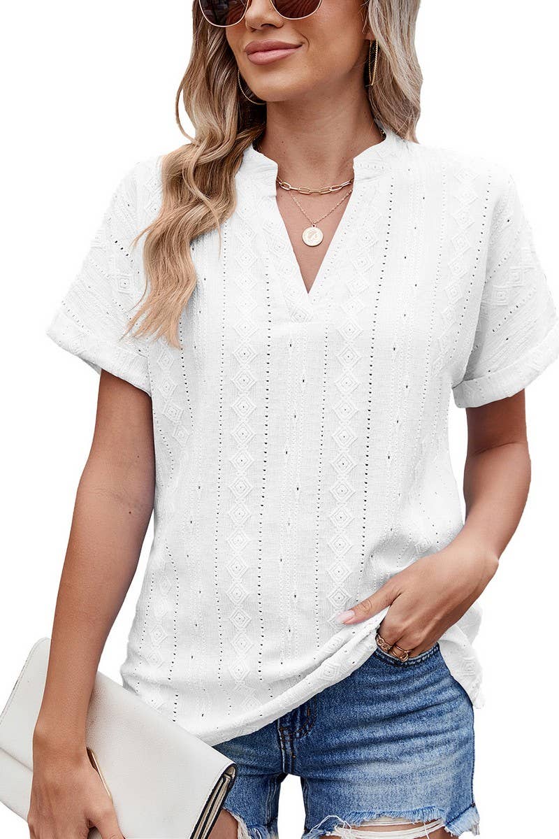 CWTTS1335_SUMMER JACQUARD V-NECK SHORT SLEEVE LOOSE T-SHIRT