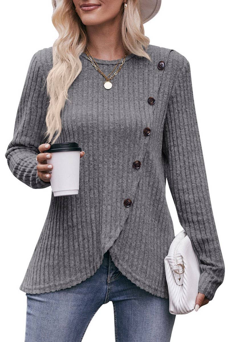 CWTBLL1830_SOLID COLOR ROUND NECK RIBBED HEM BUTTON T-SHIRT