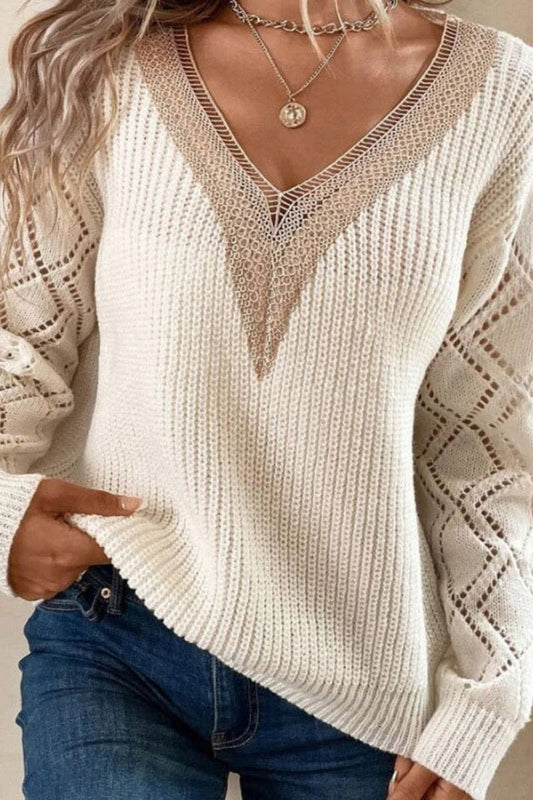 CWOSWL5181_V-NECK LACE PATCHWORK LONG-SLEEVED SWEATER