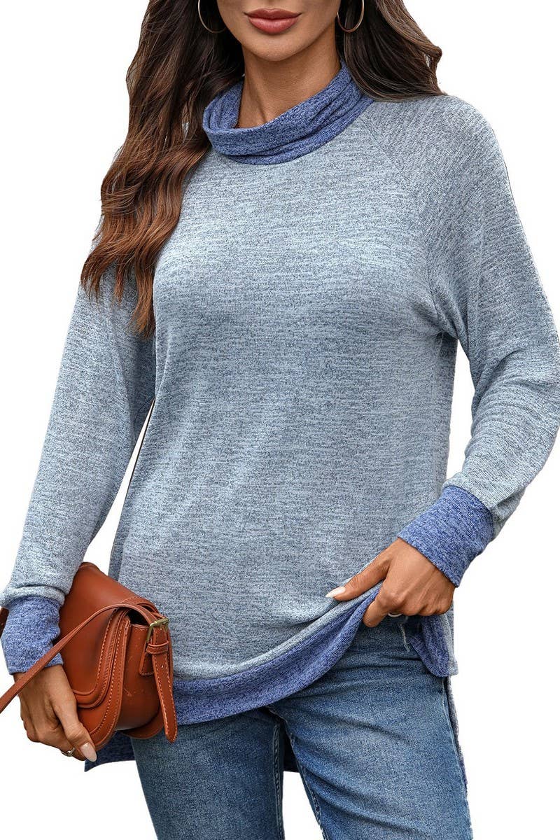 CWTBLL01308_COLORBLOCK SCARF NECK LONG SLEEVE CASUAL TOP