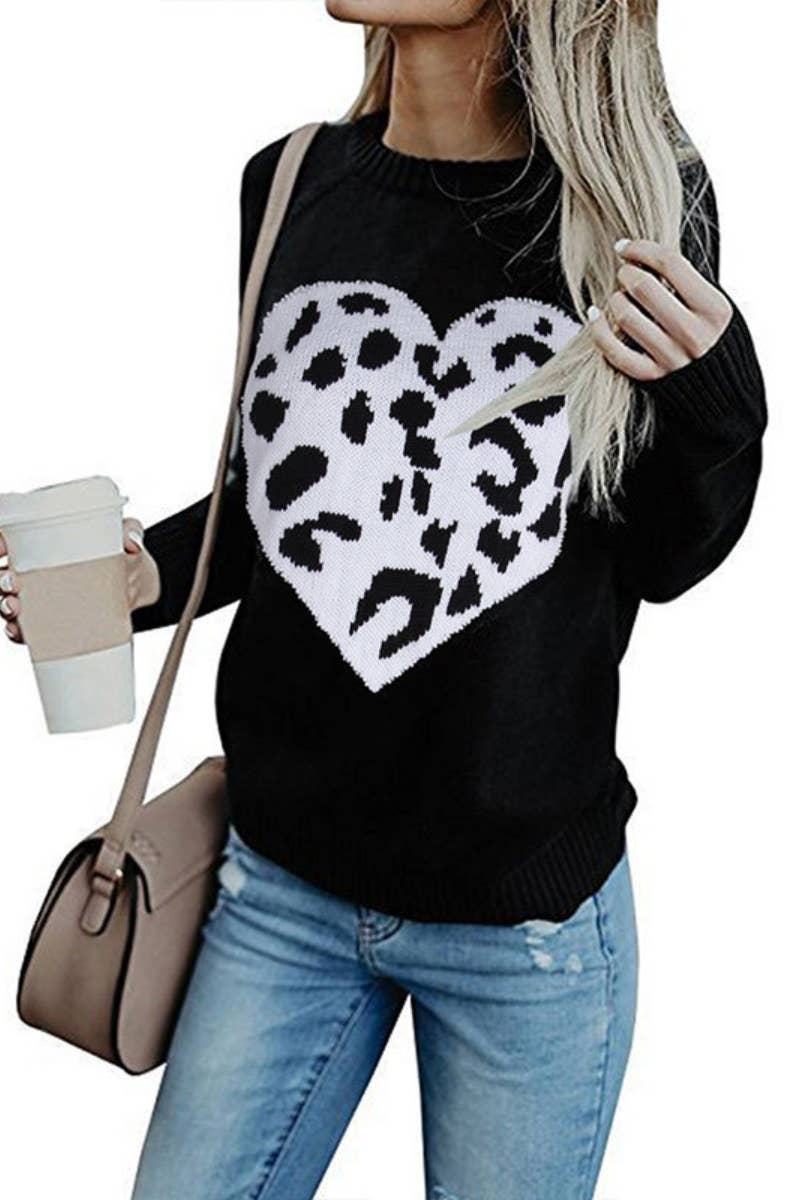 CWOSWL5177_WINTER LEOPARD PRINT LOVE LONG-SLEEVED SWEATER