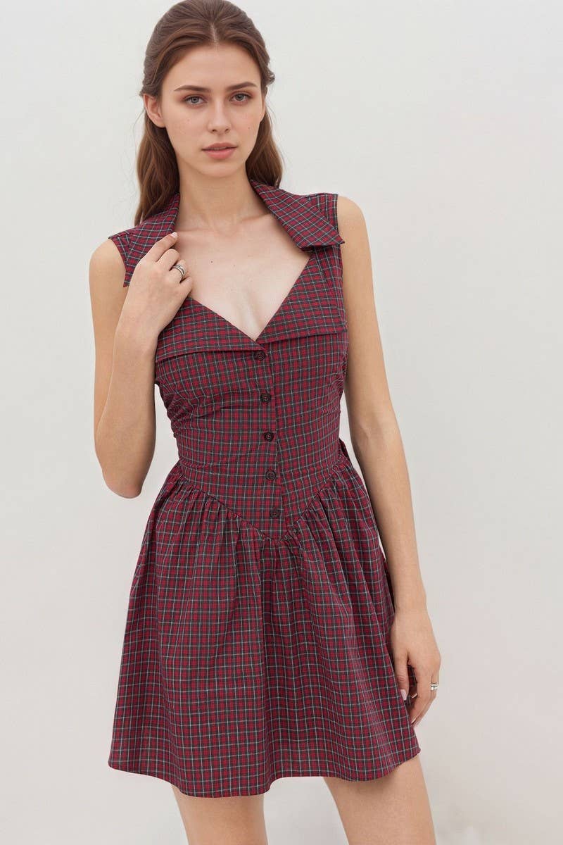 CWDSD8873_PLAID HALTER POLO NECK SLEEVELESS MINI DRESS