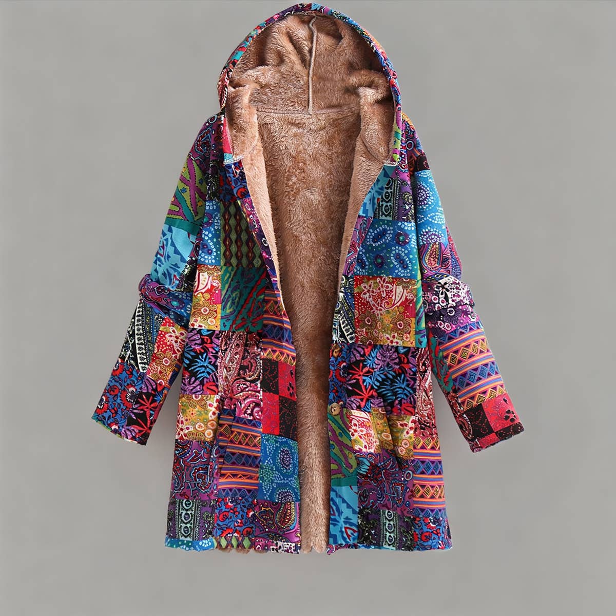 Cotton linen printed hooded warm fleece jacket