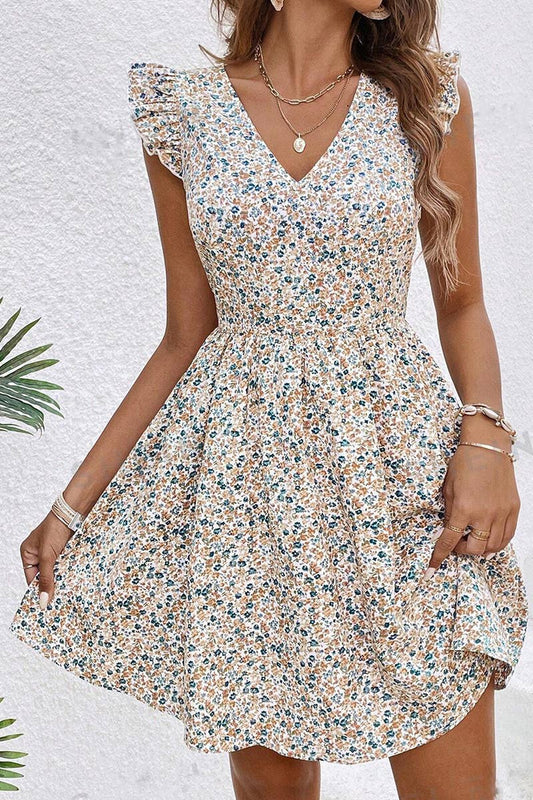 CWDSD8299_V NECK FRENCH FLORAL PRINT RUFFLE DRESS