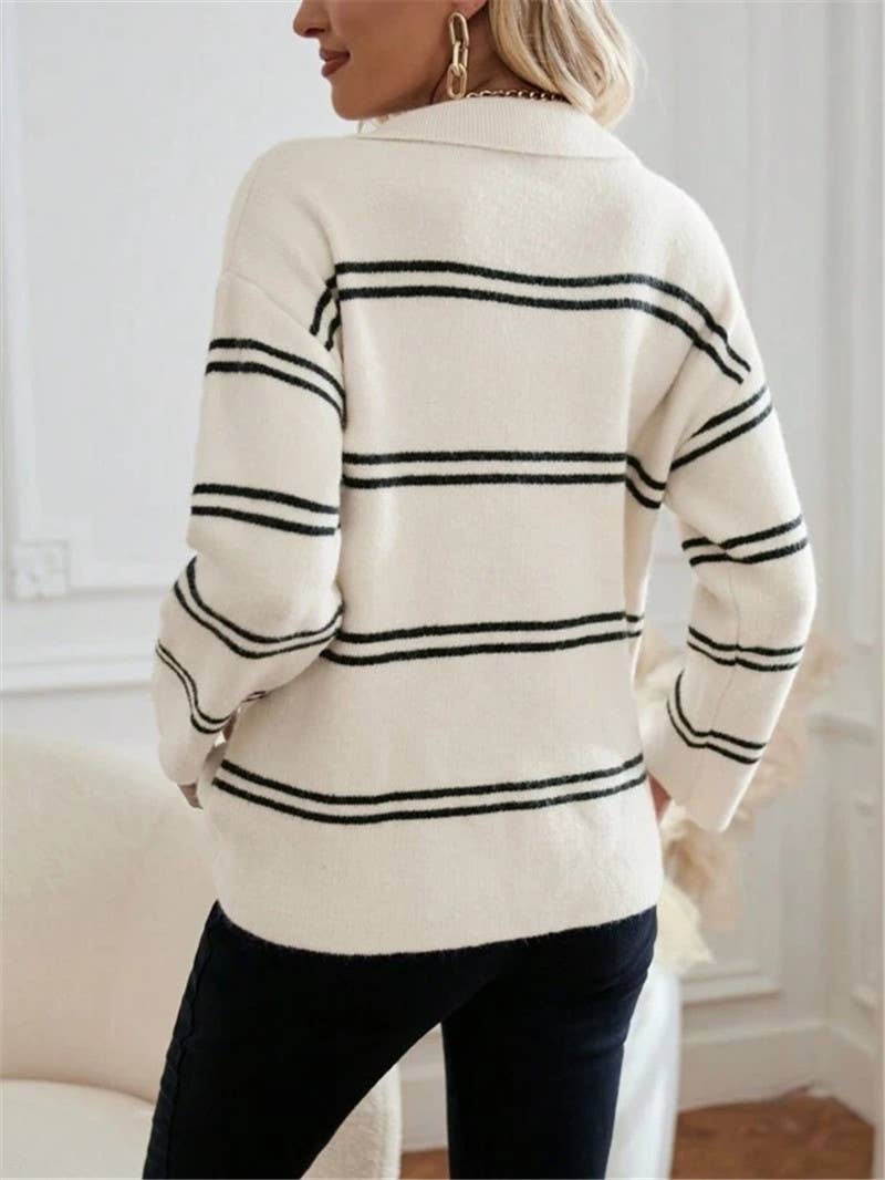 Color-blocking striped polo neck knitted sweater