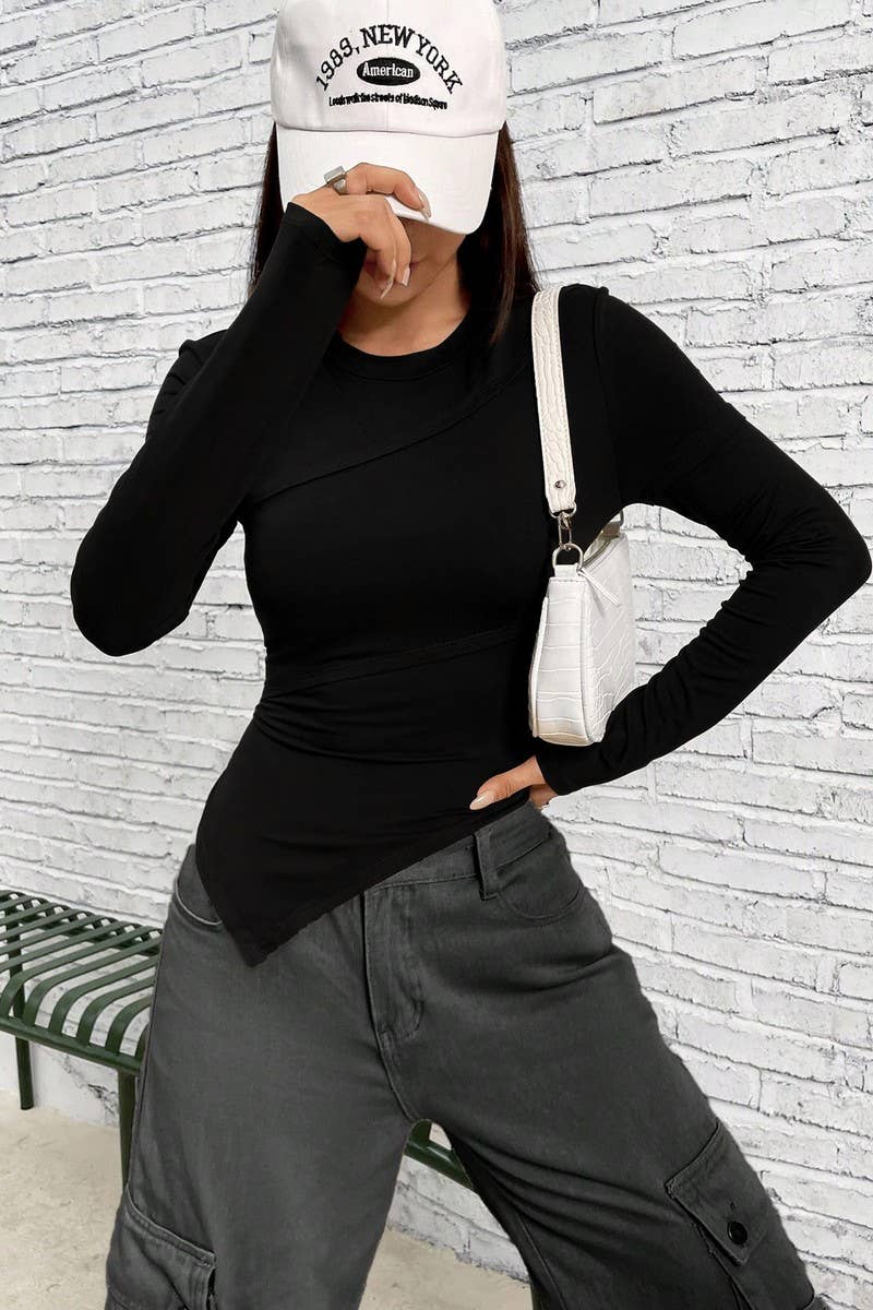 CWTBLL2725_ASYMMETRIC CREW NECK SOLID COLOR KNIT TOP
