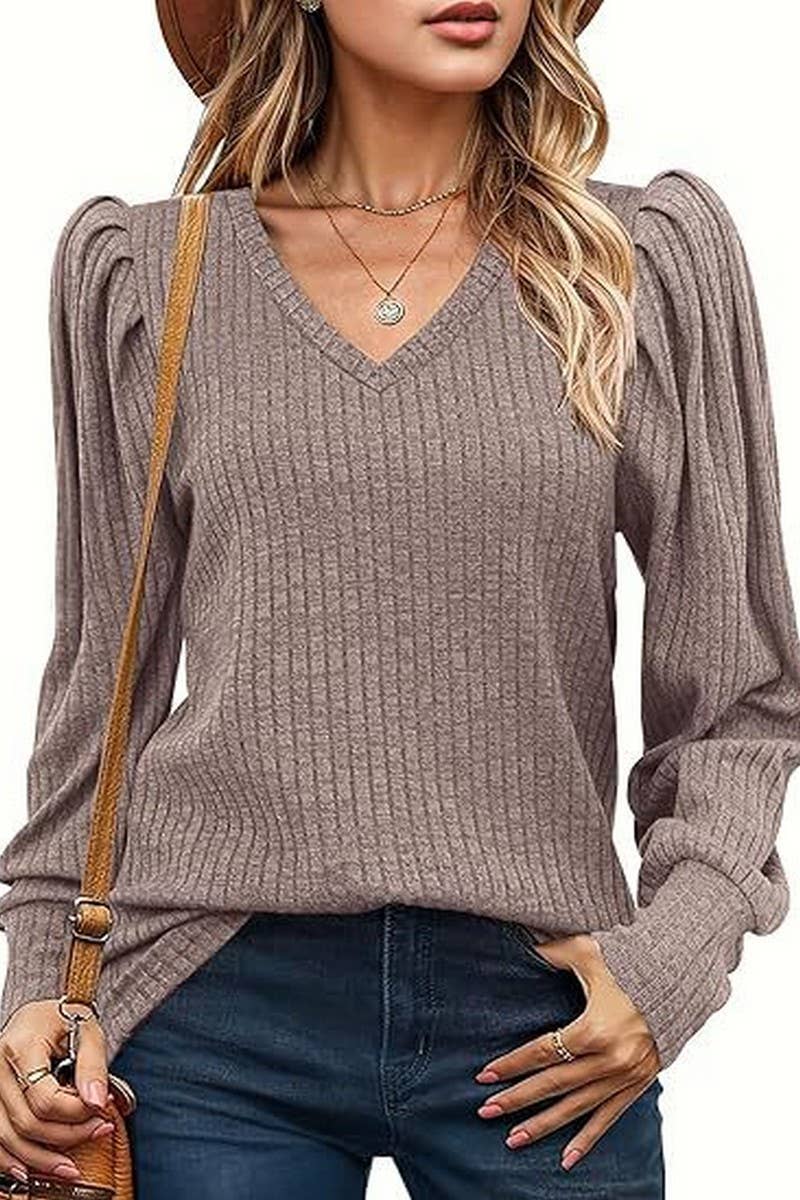 CWTBLL01073_V-NECK LONG-SLEEVED PUFF-SLEEVED TOP