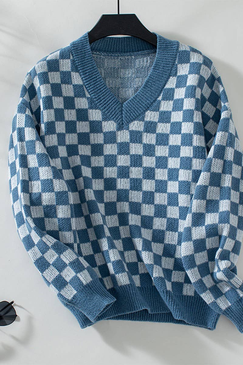 CWOSWL2840_V-NECK CASUAL PULLOVER PLAID KNITTED SWEATER