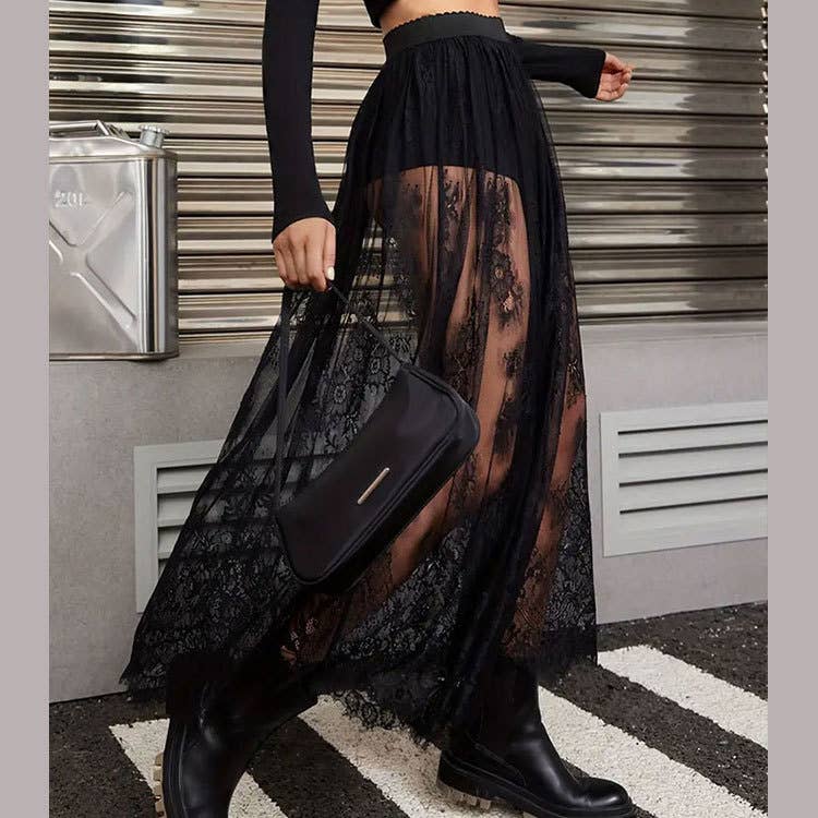 Dark Gothic lace see-through high-waisted skirt