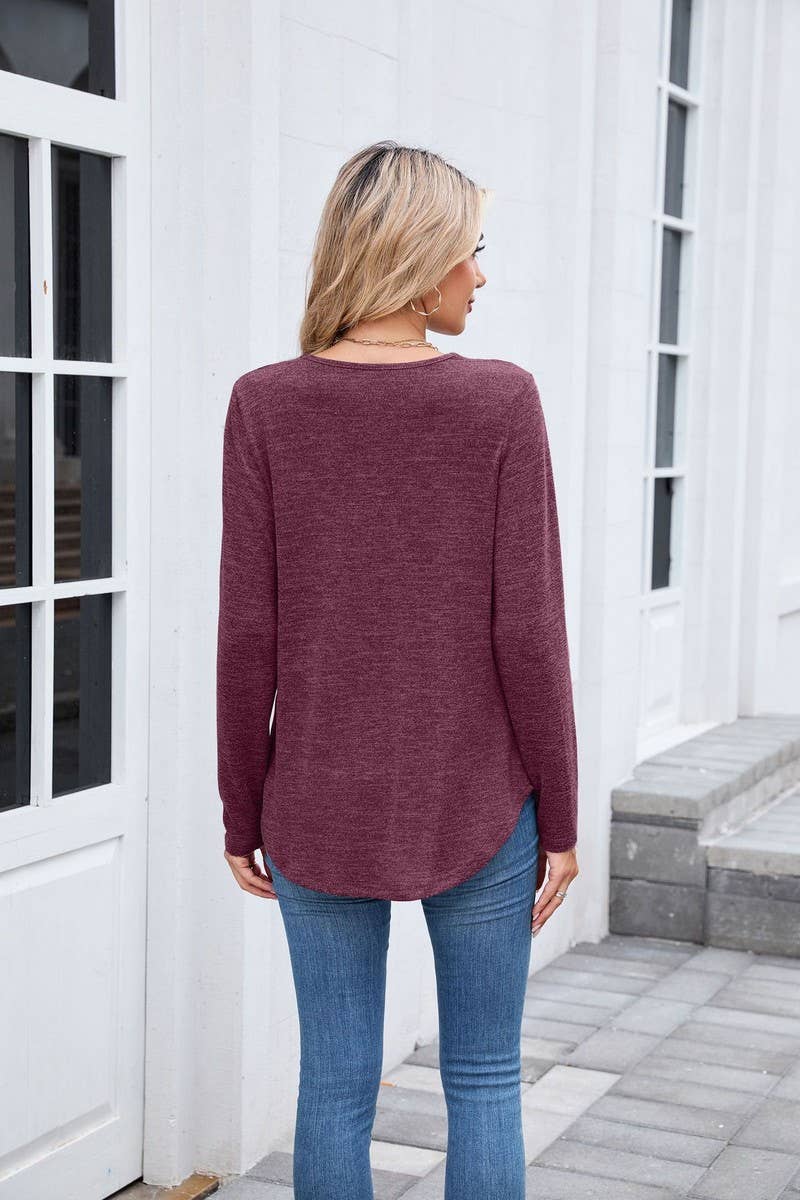 CWTBLL01303_V NECK RUCHED LONG SLEEVE CASUAL LOOSE TEE