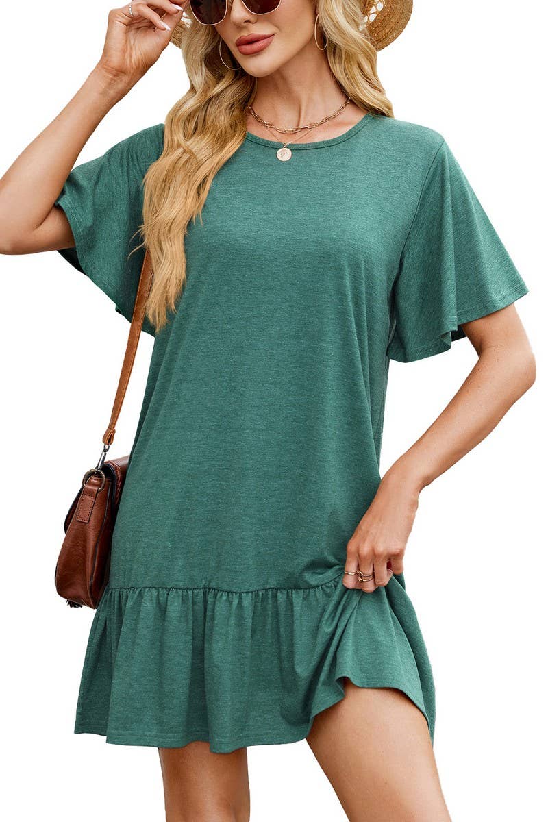 CWDSD8727_SOLID RUCHED SHORT SLEEVE CASUAL CREWNECK DRESS