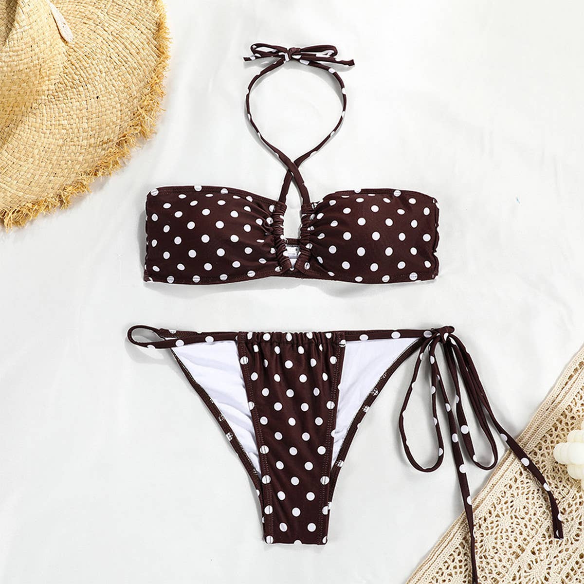 NEW BANDEAU STRAP SOLID COLOR SPLIT SWIMSUIT