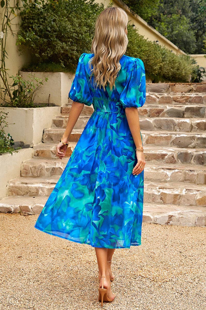 CWDMD0999_Deep V-Neck Short Sleeve Floral Print Dresses