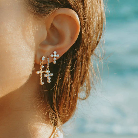 18K GOLD INLAID RHINESTONE PEARL CROSS EARRINGS_CWAHA0898