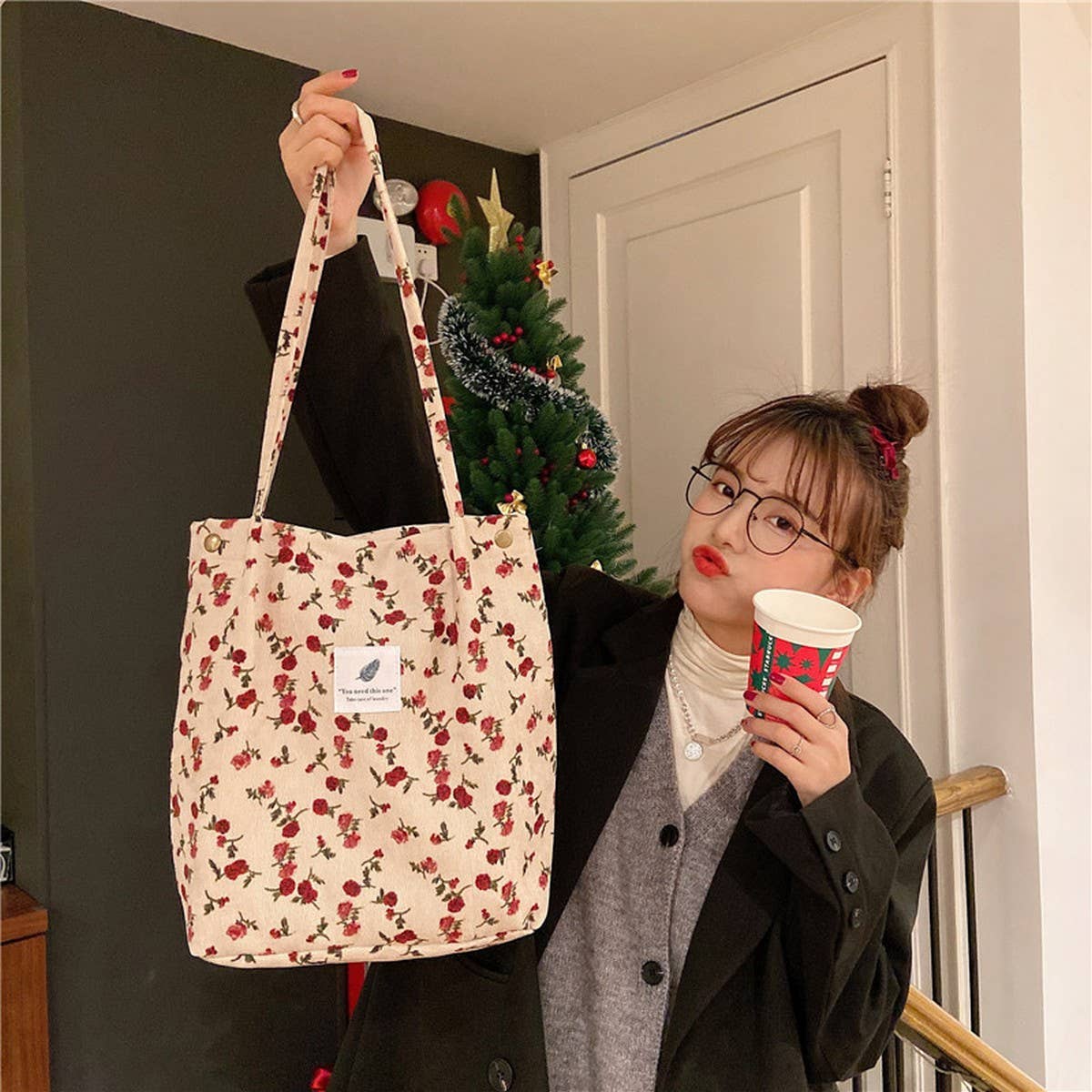 CWAB3899_CORDUROY SNAP-BUTTON LARGE-CAPACITY SHOULDER BAG