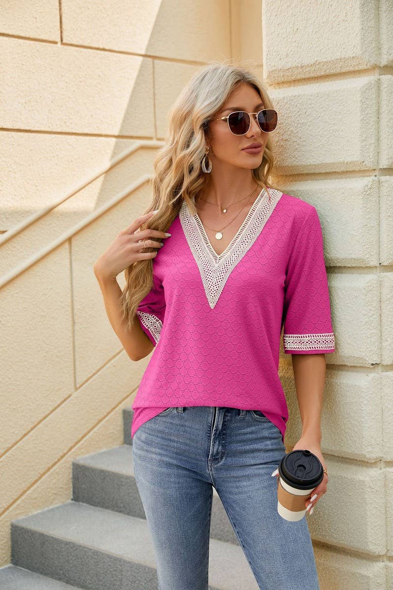 CWTTS0819_V-Neck Lace Trim Short Sleeve Knit Top