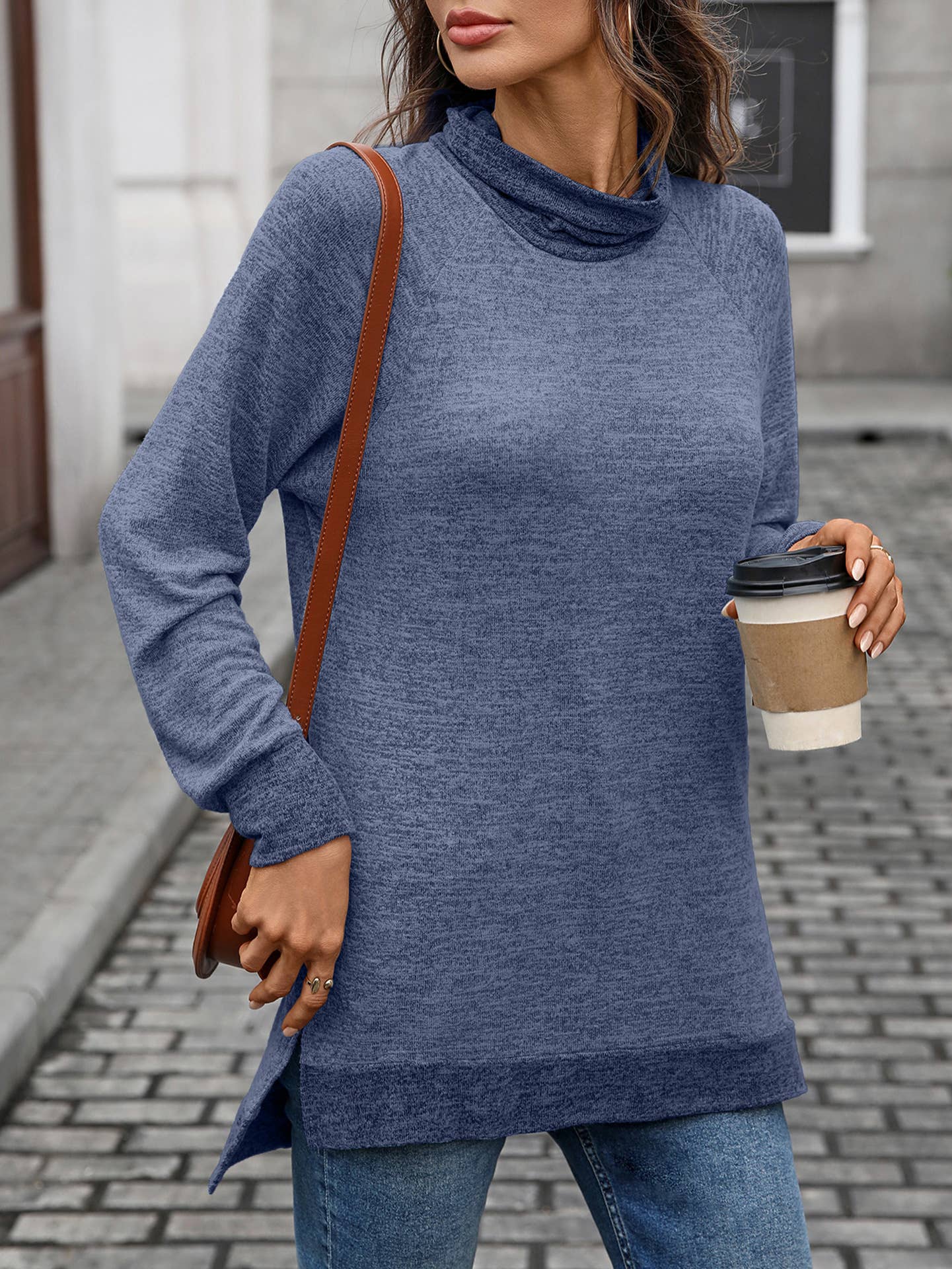 Color-blocking high-neck loose long-sleeved Top