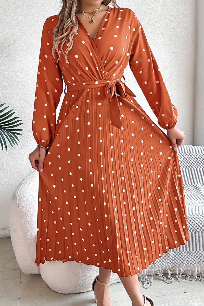 CWDMD3946_FALL V-NECK POLKA-DOT PLEATED LACE-UP DRESS