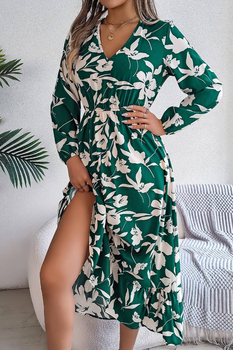 CWDMD2681_AUTUMN CASUAL FLOWER WAIST LONG SLEEVE DRESS